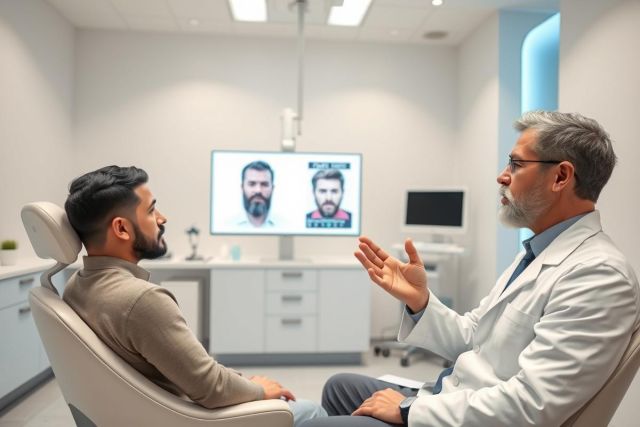 Cosmetic surgery consultation in a modern clinic. A doctor discusses potential results with a patient, displayed on a screen showing before-and-after images. Neutral color palette with white, gray, and blue tones. Focus on facial aesthetics and medical procedures.
