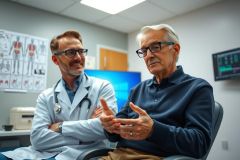 Doctor consulting with patient in a medical exam room. The doctor wears a white coat and stethoscope, while the patient sits facing him. Healthcare setting, medical consultation, examination, patient care.