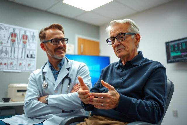 Doctor consulting with patient in a medical exam room. The doctor wears a white coat and stethoscope, while the patient sits facing him. Healthcare setting, medical consultation, examination, patient care.