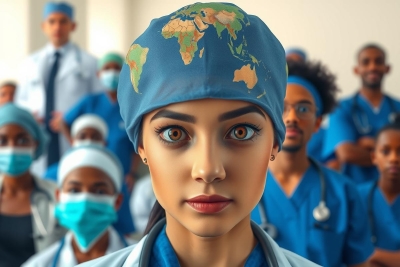 The image shows a group of healthcare professionals, likely in a hospital or medical setting. The central figure is a woman dressed as a surgeon, wearing scrubs and a stethoscope. She has an earth-like pattern on her surgical cap. 