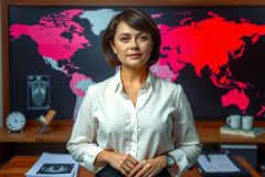 The image shows a professional woman in an office setting. She is standing at a desk with various items including a globe and books, possibly indicating an intellectual or worldly profession. The backdrop includes a map and a clock, suggesting global business or international affairs.