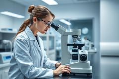 Scientist using a microscope in a modern laboratory. The image showcases a female researcher in a white lab coat, focused on scientific analysis within a bright, clean research environment. Focus on lab equipment and research.