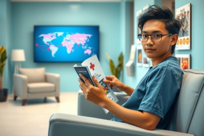 A person, possibly a doctor or medical professional, is sitting in an office environment. The individual appears to be reading a document. They are wearing glasses and are dressed in a light-colored shirt.
