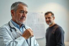 Doctor in white coat with stethoscope examines a patient in a clinical setting. Focus on the physician, with a blurred patient in the background. Healthcare, medical consultation, and patient care themes are prominent in this image featuring neutral tones and a professional environment.