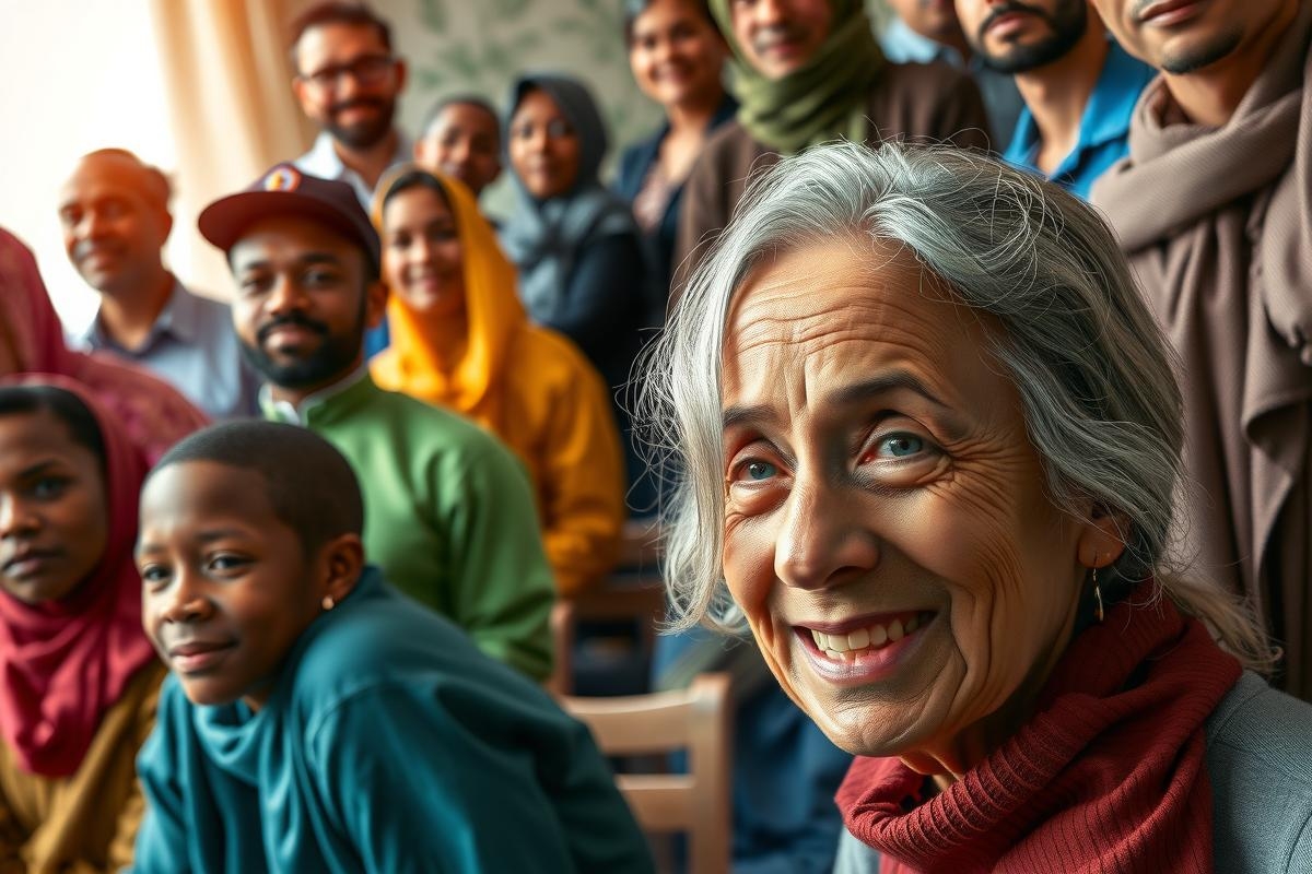 The image features a joyful gathering of people, possibly from different cultures or backgrounds. 