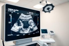 Ultrasound image displaying a fetus on a monitor in a medical setting. Black and white scan shows baby's profile. Healthcare technology and prenatal care.