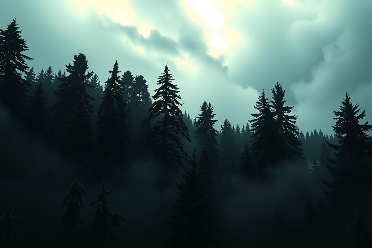 A forest setting under a stormy sky with dramatic cloud formations. The scene includes dark evergreen trees and hints of fog or low-lying clouds, creating a moody and atmospheric ambiance.