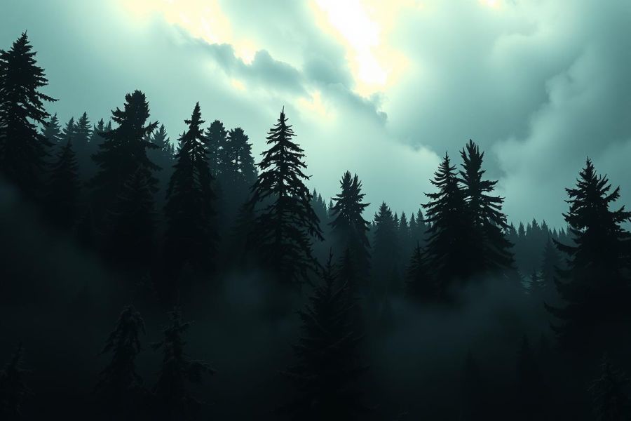 A forest setting under a stormy sky with dramatic cloud formations. The scene includes dark evergreen trees and hints of fog or low-lying clouds, creating a moody and atmospheric ambiance.