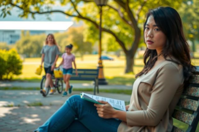 The image features a woman sitting on a park bench, engaged in reading a book. She is wearing a neutral-toned blouse and jeans. In the background, there are other people walking around, possibly enjoying the same day out as the woman.