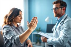 Doctor examines patient in a bright, modern medical office. The woman points to her arm during a consultation, likely discussing symptoms or pain. Healthcare, medical checkup, and patient care themes are prominent with blue and white tones.