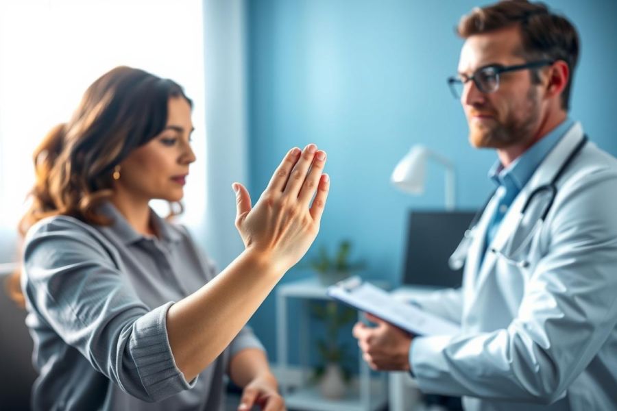 Doctor examines patient in a bright, modern medical office. The woman points to her arm during a consultation, likely discussing symptoms or pain. Healthcare, medical checkup, and patient care themes are prominent with blue and white tones.