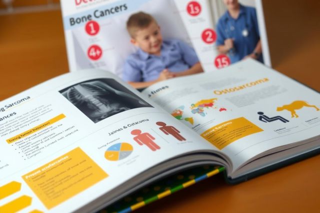 The image displays an open book or magazine with a cover featuring a child and text about bone cancer. The spine of the book shows additional information on bone health and medical conditions.