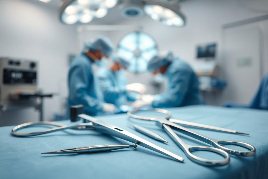 Surgical instruments, including forceps and scissors, rest on a blue surgical drape in a blurred operating room setting. Medical professionals in blue scrubs are visible performing surgery under bright overhead lights. Healthcare, surgery, and medical equipment themes are present.