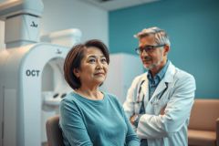 Image shows an Asian woman undergoing an OCT scan in a modern medical clinic. A doctor in a white coat stands nearby. Teal walls and medical equipment create a healthcare setting. Focus on patient care and eye health diagnostics.