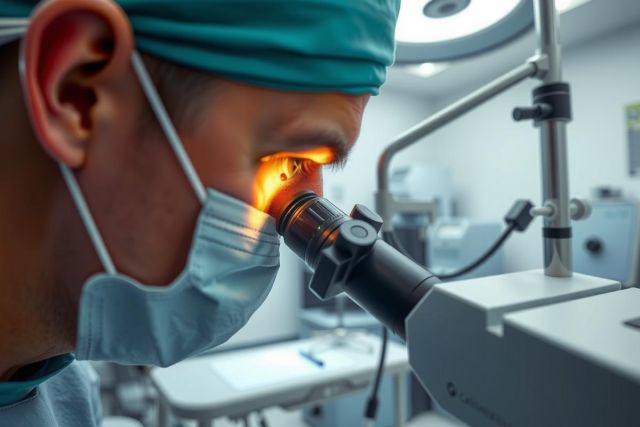 Surgeon using a microscope during a medical procedure. Close-up view in a bright, sterile operating room setting. Focus on precision and medical expertise.
