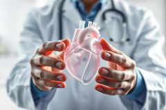 A doctor in a white coat holds a 3D printed model of a human heart. The pink and white anatomical model is displayed against a blurred medical background, highlighting cardiology and healthcare concepts. Focus on medical anatomy and patient care.
