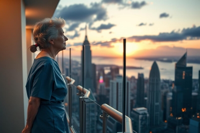 The image shows an elderly woman in a blue hospital uniform standing on a balcony. She is looking out towards the city skyline at sunset, with the Empire State Building prominently visible in the distance.