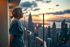 The image shows an elderly woman in a blue hospital uniform standing on a balcony. She is looking out towards the city skyline at sunset, with the Empire State Building prominently visible in the distance.