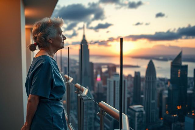 The image shows an elderly woman in a blue hospital uniform standing on a balcony. She is looking out towards the city skyline at sunset, with the Empire State Building prominently visible in the distance.