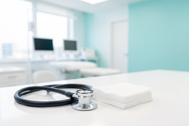 A professional black stethoscope and a stack of white medical wipes sit on a clean white table in a bright, modern clinic. The blurred background shows a medical examination room with light blue walls, a patient bed, and computer monitors, conveying a clean and professional healthcare environment.