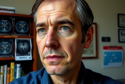 The image features a man sitting in an office environment with shelves in the background. He has a beard and appears to be of middle age. The man is looking directly at the camera, giving a sense of interaction.