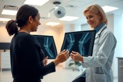 Doctor and patient examining an X-ray in a medical setting. The image shows a diagnostic review, highlighting healthcare and radiology themes. White coat, X-ray film, medical professional.