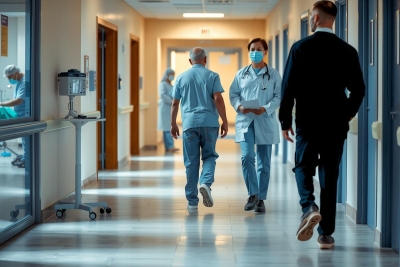 The image depicts a hospital environment with medical staff walking down a corridor. The medical team includes doctors and nurses, identifiable by their professional attire and the face masks they are wearing.