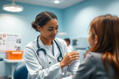 A female doctor in a white coat and stethoscope consults with a patient in a bright, blue-toned medical office. The scene depicts a healthcare consultation, emphasizing patient care and a professional medical environment. Focus on doctor-patient interaction.