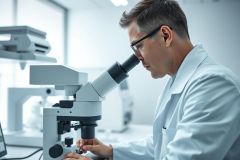 Scientist using a microscope in a modern laboratory. The image shows a man in a white lab coat and glasses, focused on research. Clean, bright environment with scientific equipment visible. Represents science, research, and laboratory work.