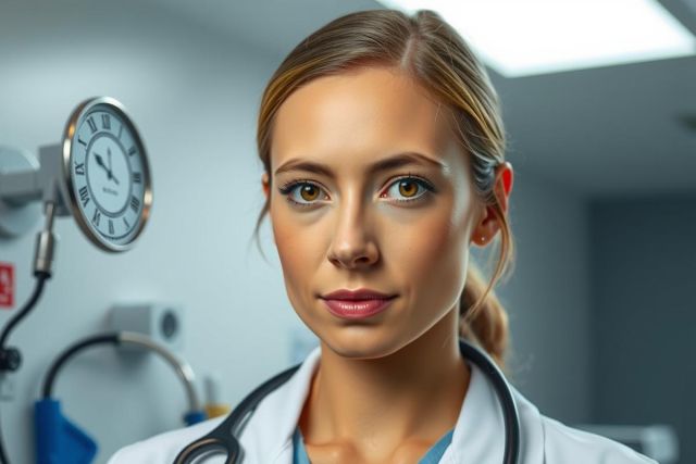 The image features a young woman with short blonde hair dressed in a white lab coat, indicating her role as a medical professional. She is standing in an indoor setting, possibly a clinical or hospital environment.