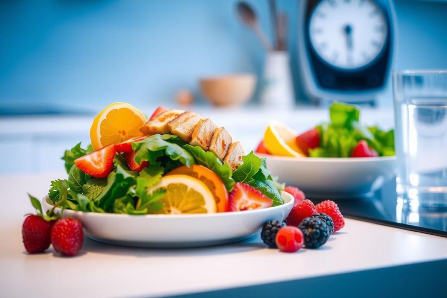 Fresh salad with strawberries, orange slices, and raspberries on white plates. Healthy food photography with a clean, bright aesthetic. Breakfast or lunch idea.