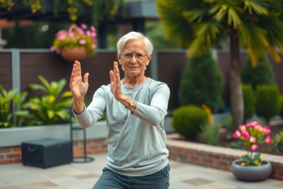An elderly woman practicing yoga in her outdoor garden. She is positioned on a wooden deck, surrounded by plants and potted flowers. Wearing glasses and a casual gray top, she appears to be engaged in a meditative posture.