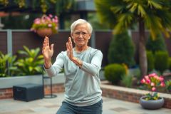 An elderly woman practicing yoga in her outdoor garden. She is positioned on a wooden deck, surrounded by plants and potted flowers. Wearing glasses and a casual gray top, she appears to be engaged in a meditative posture.