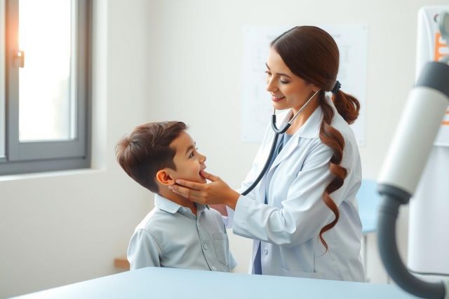 A doctor examines a young boy with a stethoscope. The scene takes place in a clinical setting, likely a doctor's office. The doctor is wearing a white coat, and the boy is dressed in casual clothing. The image conveys healthcare and child wellness themes.