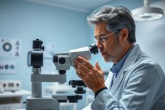 Scientist in a lab examining a sample under a microscope. The image showcases research, science, and medical analysis in a modern, bright blue laboratory setting. A man wearing a white lab coat is intently focused on his work.