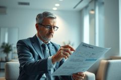 Mature businessman in a suit and glasses intently reviewing a business report in a modern office setting. The image features a gray color palette and focuses on analysis and professional decision-making.
