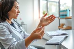 A healthcare professional in a white coat examines something closely, possibly reviewing test results or explaining findings. The scene appears to be a doctor's office or lab, with a warm, natural light. Focus is on the hands and details of the environment.