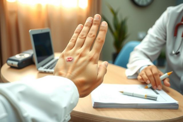 Doctor examining a patient, close-up on hands. Healthcare professional in a clinic setting with a laptop and paperwork on a desk. Focus on medical consultation and patient care.