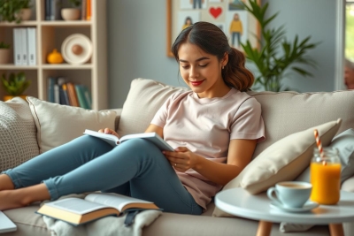The image shows a young woman comfortably seated on a sofa, engrossed in reading a book. She is dressed casually in a pink top and blue jeans. Her hair is styled up, and she has a slight smile on her face, suggesting she is enjoying the content of her book.