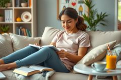 The image shows a young woman comfortably seated on a sofa, engrossed in reading a book. She is dressed casually in a pink top and blue jeans. Her hair is styled up, and she has a slight smile on her face, suggesting she is enjoying the content of her book.