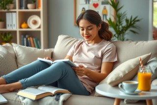 The image shows a young woman comfortably seated on a sofa, engrossed in reading a book. She is dressed casually in a pink top and blue jeans. Her hair is styled up, and she has a slight smile on her face, suggesting she is enjoying the content of her book.