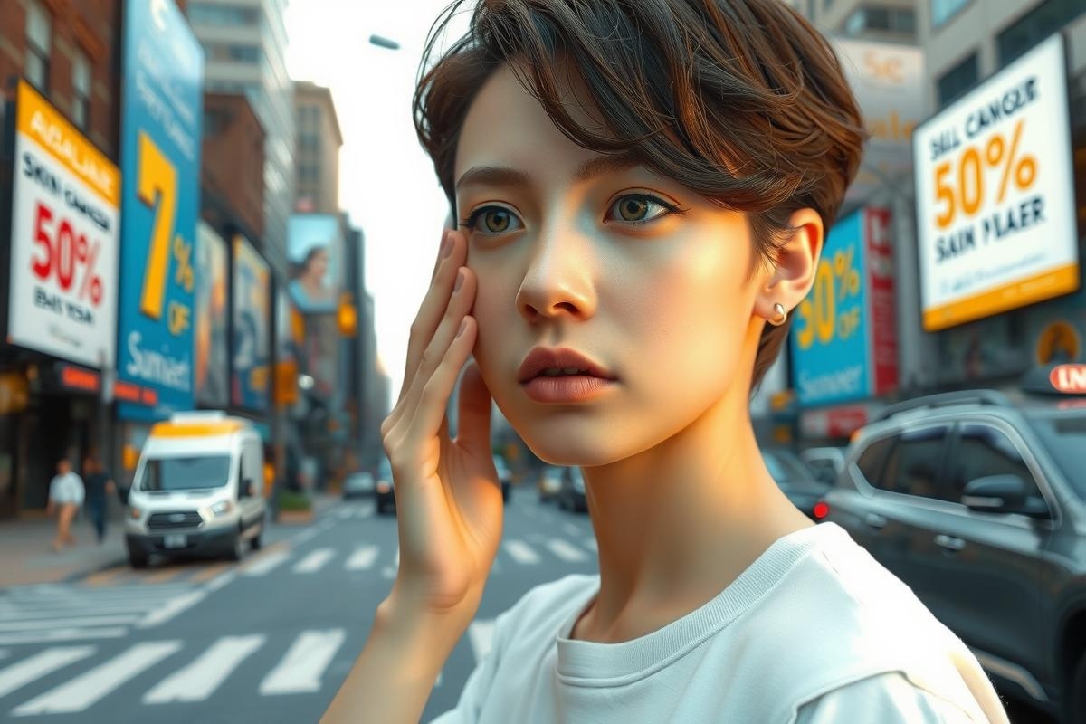 A person with a short haircut stands in the foreground, hands on face as if surprised or confused. The background is bustling with traffic and cityscape, suggesting an urban environment.