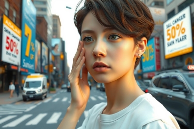 A person with a short haircut stands in the foreground, hands on face as if surprised or confused. The background is bustling with traffic and cityscape, suggesting an urban environment.