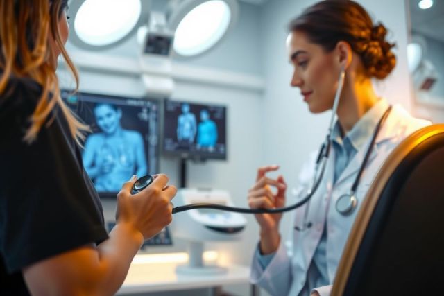 Doctor examining patient with stethoscope in medical office. X-ray image visible on screen. Healthcare professional, diagnosis, medical checkup, patient care, digital radiology.