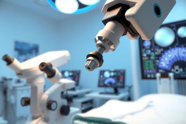 Surgical instrument close-up in a sterile operating room environment. Bright blue and white lighting highlights the equipment, suggesting precision and a medical setting. Focus on a metallic tool, indicative of a surgical procedure.
