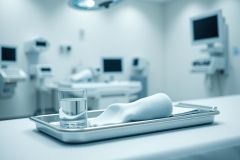 Surgical tray with water and sterile cloth in a modern, bright operating room. Medical equipment and monitors are visible in the blurred background. Clean, sterile environment, predominantly white and blue tones. Healthcare, surgery, and medical theme.