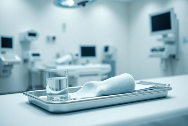Surgical tray with water and sterile cloth in a modern, bright operating room. Medical equipment and monitors are visible in the blurred background. Clean, sterile environment, predominantly white and blue tones. Healthcare, surgery, and medical theme.