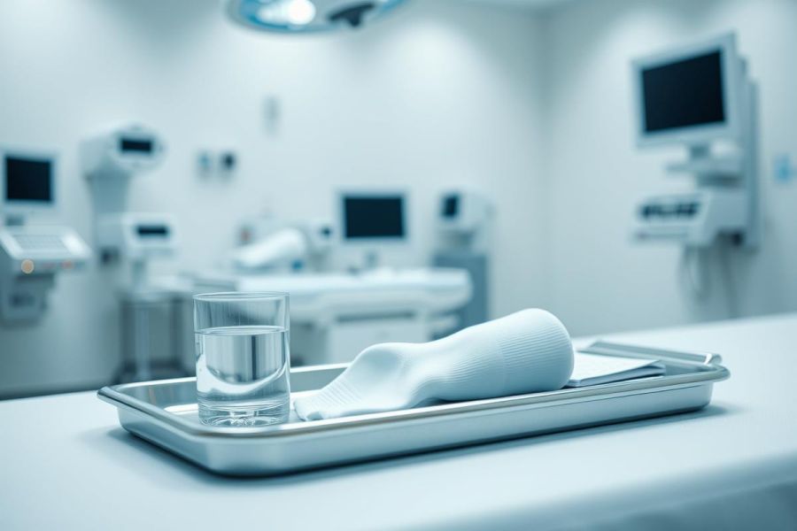 Surgical tray with water and sterile cloth in a modern, bright operating room. Medical equipment and monitors are visible in the blurred background. Clean, sterile environment, predominantly white and blue tones. Healthcare, surgery, and medical theme.