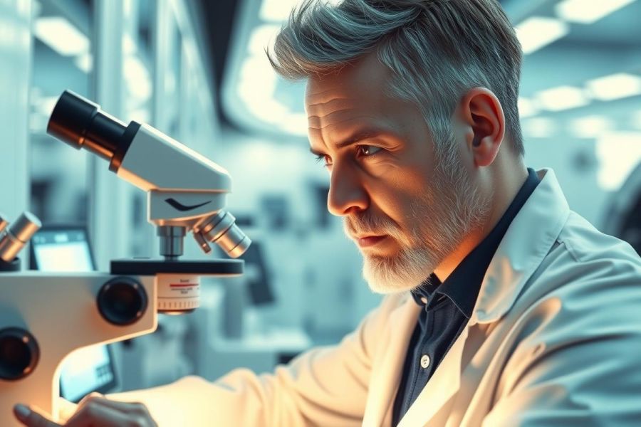 Scientist examining a microscope in a lab. Male researcher wearing a white coat, focused on analysis. Scientific research, medical lab environment. Close-up shot.