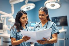 Two female healthcare professionals in blue scrubs and stethoscopes review medical documents in a bright, modern operating room setting. Surgical lights and medical equipment are visible, suggesting a clinical context. Focus on teamwork and patient care.